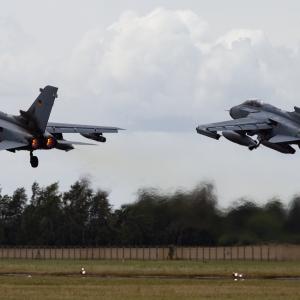 A pair of Panavia Tornados from the German Luftwaffe take off in formation from RAF Fairford